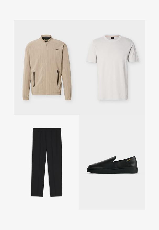 Veste légère beige avec fermeture éclair complète à l'avant, deux poches latérales zippées, col montant et logo "BOSS" sur la poitrine.; T-shirt à manches courtes gris clair en tissu doux avec un col rond. Présente un logo embossé subtil sur la poitrine. Coupe classique.; Pantalon noir à jambe droite avec taille élastique et poches latérales, présenté à plat sur fond blanc.; Chaussure noire en cuir à enfiler avec semelle épaisse et marquage "HUGO" en or près du talon sur un fond uni gris clair.