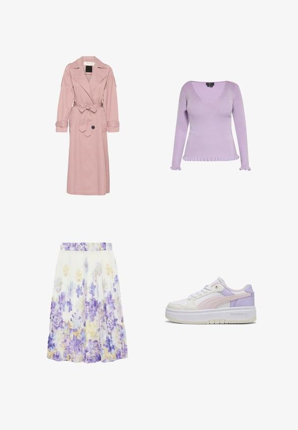 Rosa Trenchcoat aus leichtem Stoff, mit tailliertem Gürtel, großem Kragen und Knopfleiste. Enthält Manschettenriemen und seitliche Taschen.; Fliederfarbener, gerippter Langarmpullover mit V-Ausschnitt und Rüschen an Bündchen und Saum, Größe klein, vor weißem Hintergrund.; Weißer Plisseerock mit floralem Muster in Schattierungen von Lila, Blau und Hellgelb, mit elastischem Bund.; Weißer Sneaker mit pastellrosa und lila Paneelen, dicker weißer Sohle, seitlichem Puma-Logo und weißen Schnürsenkeln, seitlich auf einfarbigem Hintergrund dargestellt.
