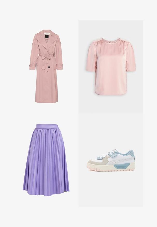 Rosa Trenchcoat aus leichtem Stoff, mit tailliertem Gürtel, großem Kragen und Knopfleiste. Enthält Manschettenriemen und seitliche Taschen.; ONLY ONLESTA - Bluse - rose smoke; Faltenrock aus leicht lavendelfarbenem Stoff mit einem glatten Bund. Verfügt über vertikale Falten, die bis zum Saum reichen und Volumen sowie Bewegung erzeugen.; Sneaker mit einem Obermaterial aus weißem Leder, hellblauen Akzenten, beigen Wildlederpaneelen und einer strukturierten rosa Gummisohle; gesticktes Logo an der Seite.