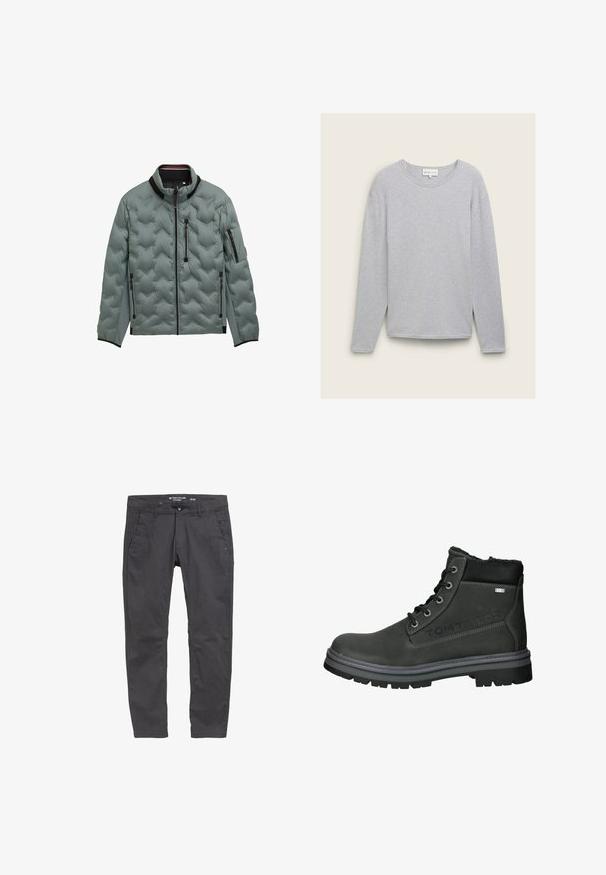 Chaqueta acolchada gris claro con ribete negro, cremallera frontal completa, bolsillos con cremallera en el pecho y los laterales, y bolsillo con cremallera en la manga izquierda.; Suéter gris de manga larga hecho de tela de canalé. Presenta un escote redondo y aberturas laterales en el dobladillo para un ajuste relajado.; Pantalones de algodón grises con corte recto, bolsillos frontales y cierre de botones. Presentan un sutil branding y una textura suave.; Botas de cuero negro hasta el tobillo con un acabado texturizado, que cuentan con seis ojales de metal, un cuello acolchado y una suela de goma resistente. "TOM TAILOR" está grabado en el costado.