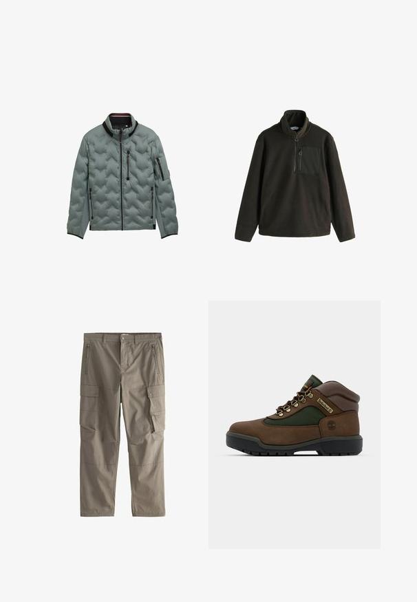 Lys grå quiltet jakke med sort kant, fuld frontlynlås, bryst- og side lynlås lommer samt lynlåslomme på venstre ærme.; Fleece-pullover i mørk olivengrøn med høj krave, lynlås foran og en brystlomme med lynlås. Blød tekstur, afslappet pasform.; Khaki cargobukser med bæltestropper, lynlåslommer foran, sidelommer med trykknapper og lige ben.; Brune og grønne vandresko lavet af læder og tekstilmaterialer, med gyldent hardware, polstret krave og kraftig sort gummisul.