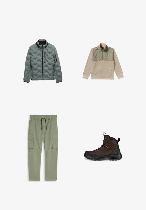 Lys grå quiltet jakke med sort kant, fuld frontlynlås, bryst- og side lynlås lommer samt lynlåslomme på venstre ærme.; Fleece pullover i beige og olivengrøn med halvlukket design, høj krave og to sidelommer. Glat tekstur på det øverste panel.; Lysegrønne cargobukser med elastisk talje, sort snøre og store klaplommer på begge lår, lagt fladt på hvid baggrund.; Brun vandresko med et struktureret læderoverdel, sort gummitåhætte, forstærkede snørrebukser og en robust sål til godt greb.