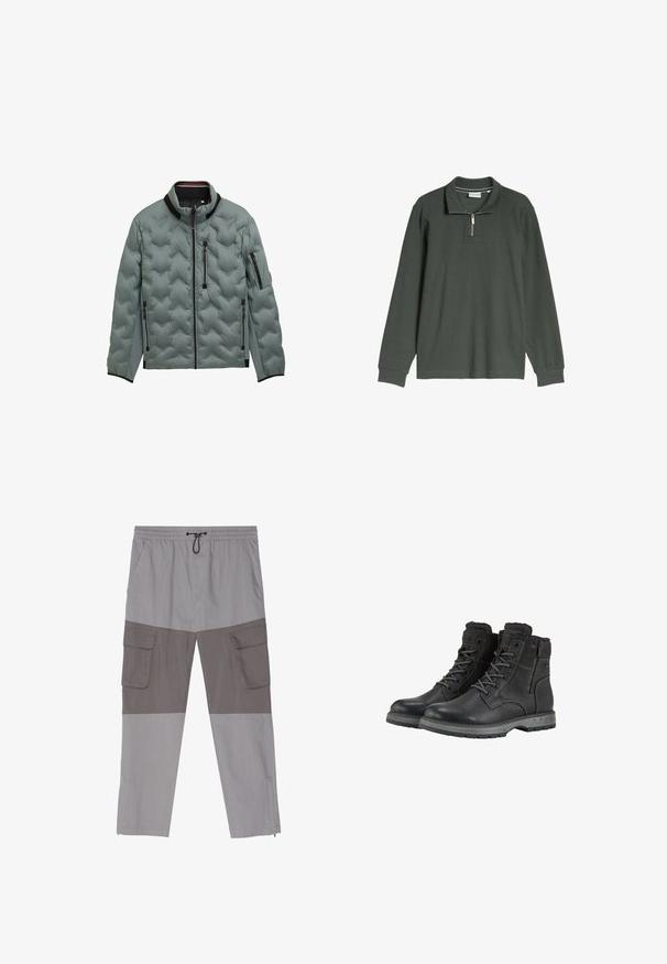 Lys grå quiltet jakke med sort kant, fuld frontlynlås, bryst- og side lynlås lommer samt lynlåslomme på venstre ærme.; Mørkegrøn langærmet pullover med ribstrikket tekstur, kvart lynlås og høj krave, lagt fladt på en hvid baggrund.; Grå cargo bukser med et tofarvet design, hvor toppen er lysere og bunden er mørkere. De har elastisk talje, forlommer og sidelommer til cargo.; Sorte støvler lavet af læder, med snørebåndsdesign og lynlås i siden, polstret ankel og robust gummisål. Forstærket syning detaljer.