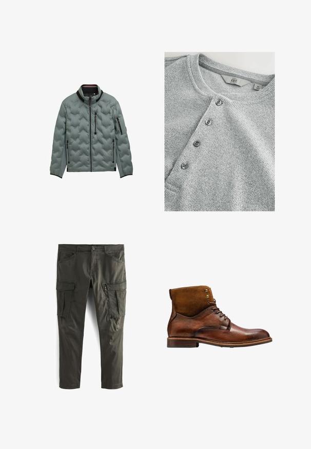 Chaqueta acolchada gris claro con ribete negro, cremallera frontal completa, bolsillos con cremallera en el pecho y los laterales, y bolsillo con cremallera en la manga izquierda.; Camisa de punto gris de manga larga con cuello redondo, tapeta de cinco botones, textura acanalada y un diseño ajustado. La etiqueta indica talla M.; Pantalones cargo de color verde olivo confeccionados en un tejido duradero, con múltiples bolsillos laterales, un bolsillo con cremallera y un diseño de pierna recta.; Kazar ALID - Botines con cordones - brown