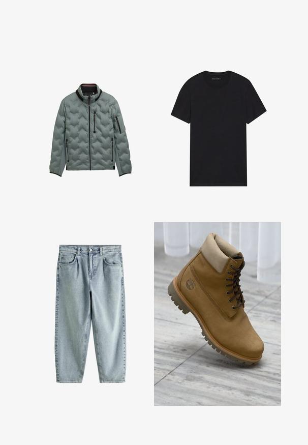 Heledhall hallidego jacket musta äärega, täispikk eeslukk, rinna- ja külje tõmblukkudega taskud ning tõmblukuga tasku vasakul varrukal.; Mustalane puuvillane t-särk lühikeste varrukatega ja ümarate kaelustega. Kangas on sileda tekstuuriga ja lihtsa, ühtlase disainiga.; Helesinised kõrge vöökohaga teksapüksid esikinnise, tõmbluku, vööaasade ja viie taskuga, näidatud lamedalt valgel taustal.; Tumepruuni seemisnahast pitsidega saabas paksu kaelusega ja robustse tallaga, mis on asetatud hallile plaatpõrandale valgete kardinate lähedal.