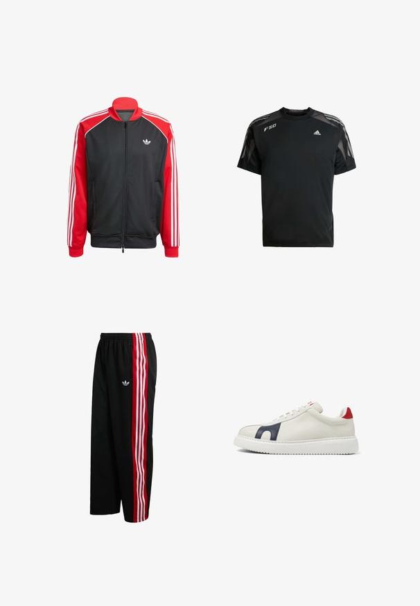Sort mesh-jakke med røde ærmer, der har tre hvide striber på hvert ærme og et lille hvidt logo på brystet. Lynlåslukning.; Sort atletisk T-shirt lavet af letvægtsstof, med mesh skulderpaneler, korte ærmer og hvide adidas og F50 logoer.; Sorte mesh-bukser med bred pasform, røde og hvide stribede sidel paneler og et lille hvidt logo på venstre side. Elastisk taljebånd.; Lave hvide sneakers med navy blå sideskærm, rød hæl detalje, snørelukning og tyk hvid gummisål.