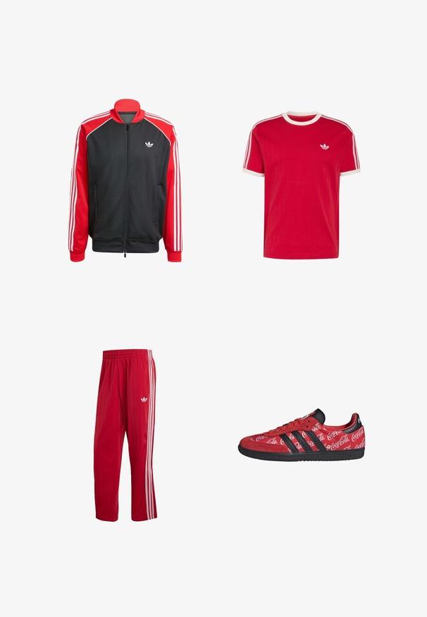 Sort mesh-jakke med røde ærmer, der har tre hvide striber på hvert ærme og et lille hvidt logo på brystet. Lynlåslukning.; Rød kortærmet Adidas T-shirt med hvid rund krave og ærmekanter, hvide tre striber på skuldrene, lille trebladet logo på venstre bryst.; Røde Adidas træningsbukser med elastisk talje, hvide sidelister og Trefoil-logo på højre lår mod hvid baggrund.; Rød Adidas sneaker med sorte striber og sål, med hvide Coca-Cola logoer over hele den stof øverste del.