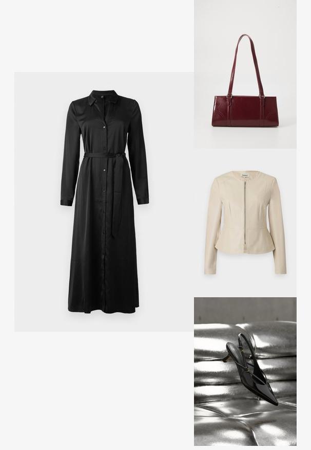 Veste en similicuir beige avec un col rond, des manches longues et une fermeture éclair à l'avant. Caractérisée par un ourlet peplum et une texture lisse et élégante.; Robe noire à manches longues avec un devant à boutons, col et ceinture assortie à la taille. Tissu lisse, longueur jusqu'aux chevilles avec une coupe droite.; Chaussure slingback noire en cuir verni à bout pointu avec petit talon reposant sur une surface capitonnée métallique argentée brillante.; Sac à main bordeaux en matériau brillant, de forme rectangulaire, avec deux anses et des accents légèrement courbés à l'avant.