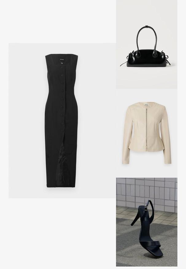 Veste en similicuir beige avec un col rond, des manches longues et une fermeture éclair à l'avant. Caractérisée par un ourlet peplum et une texture lisse et élégante.; Robe midi sans manches noire avec décolleté carré, fermeture à boutons sur le devant et fente centrale, présentée sur un fond blanc uni.; Sandale noire à talon haut avec bride à la cheville et bout carré, posée sur le pavé devant un mur carrelé.; Petit sac à main noir brillant avec deux longues anses et des détails à cordon sur les côtés sur un fond clair uni.