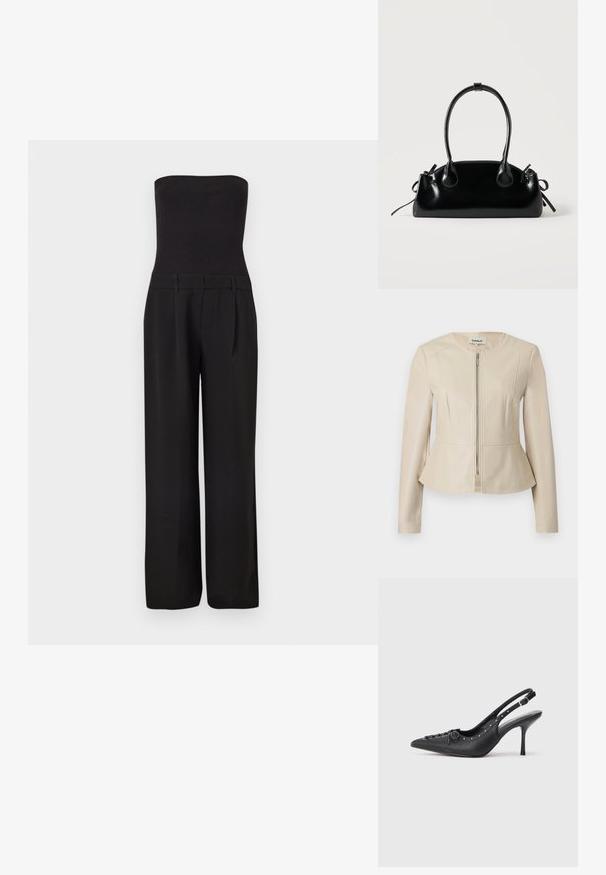 Veste en similicuir beige avec un col rond, des manches longues et une fermeture éclair à l'avant. Caractérisée par un ourlet peplum et une texture lisse et élégante.; Combinaison noire sans bretelles avec un corsage côtelé ajusté et un pantalon tailleur à jambes larges.; Escarpin en cuir noir à talon aiguille avec un bout pointu, une bride latérale à boucle, des clous le long du bord et un laçage décoratif à l'avant.; Petit sac à main noir brillant avec deux longues anses et des détails à cordon sur les côtés sur un fond clair uni.