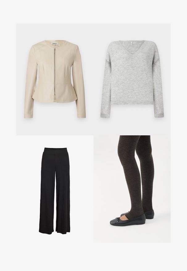 Veste en similicuir beige avec un col rond, des manches longues et une fermeture éclair à l'avant. Caractérisée par un ourlet peplum et une texture lisse et élégante.; Pull gris en V en matériau doux, avec une coupe décontractée et agrémenté de petits sequins argentés sur tout le tissu.; Pantalon large noir à taille haute élastique avec une subtile texture côtelée, conçu pour une coupe ample et confortable.; Jambes portant des leggings côtelés foncés associés à des ballerines noires avec de petits détails en nœud sur fond blanc.