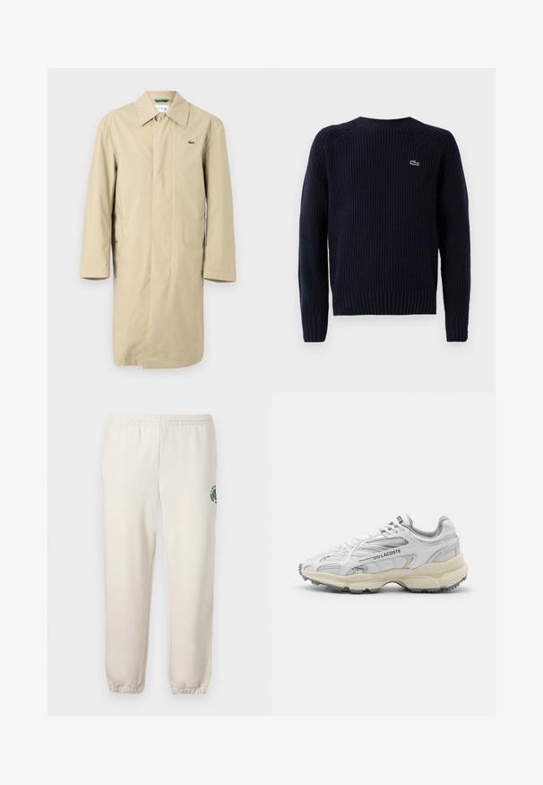 Imperméable beige avec un col, des manches longues et des poches latérales. Présente un petit logo vert sur la poitrine. Tissu lisse et léger.; Pull en tricot bleu marine avec une texture côtelée, encolure ronde et manches longues. Présente un petit logo vert dans le coin supérieur gauche du dos.; Pantalon de jogging beige clair en coton, doté d'une taille élastique, de poignets en côtes et d'un logo vert avec un design de feuille sur la jambe gauche.; Baskets de sport blanches avec des accents gris, tige en maille et synthétique, design à lacets et semelle en caoutchouc texturée avec motifs de traction.
