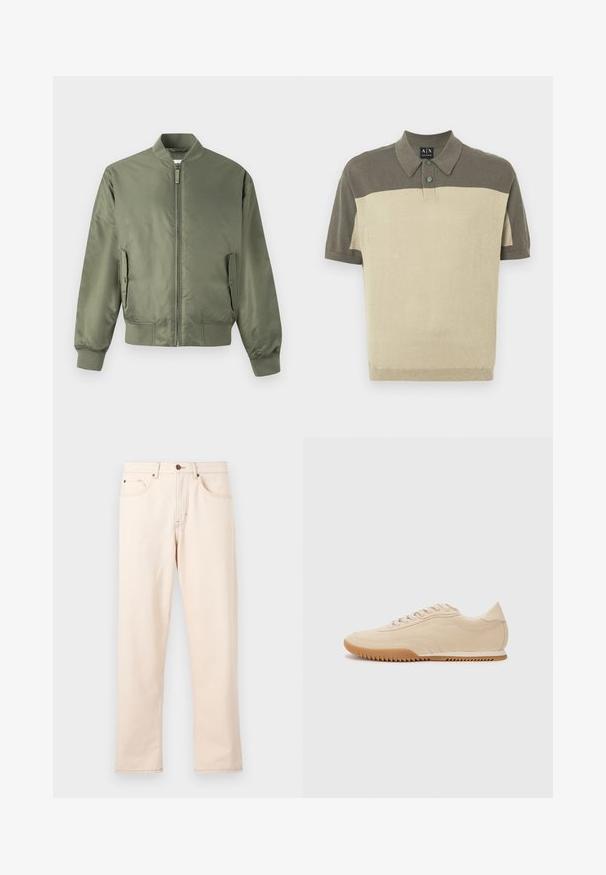 Olivgrüne Bomberjacke mit durchgehendem Reißverschluss, gerippten Bündchen und Saum, Seitentaschen und einer glatten, glänzenden Oberfläche. Minimalistisches Design.; Herren Poloshirt mit kurzen Ärmeln in zwei grün-grauen Farbtönen, mit Knopfkragen und Armani Exchange Etikett im Kragen.; Beige Jeans mit geradem Bein, fünf Taschen, Knopfverschluss und Kontrastnähten auf einem schlichten hellen Hintergrund.; Beige Wildledersneaker mit einem schlanken Design, einer strukturierten Oberseite, abgerundetem Fuß und einer Gummisohle mit Zickzackmuster.