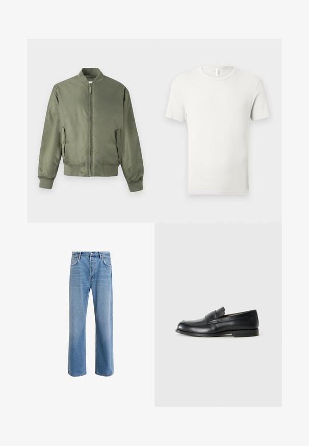 Veste pilote vert olive avec fermeture éclair à l'avant, poignets et ourlet côtelés, poches latérales et texture lisse et brillante. Design minimaliste.; T-shirt blanc uni à manches courtes et col rond, étalé à plat sur un fond gris clair, avec une petite étiquette en tissu au niveau du col.; Jeans en denim bleu clair avec une coupe droite, cinq poches, fermeture à bouton, peu d'usure et des détails de couture contrastés.; Mocassins en cuir noir avec un bout rond, des détails cousus et une semelle en caoutchouc plate. Présentent une large bande sur le cou-de-pied.