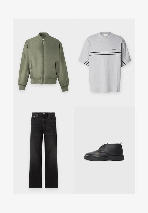 Olivgrüne Bomberjacke mit durchgehendem Reißverschluss, gerippten Bündchen und Saum, Seitentaschen und einer glatten, glänzenden Oberfläche. Minimalistisches Design.; Graues Baumwoll-T-Shirt mit kurzen Ärmeln, versehen mit zwei schwarzen horizontalen Streifen und einem kleinen Logo auf der Brust. Klassischer Rundhalsausschnitt.; Schwarze Jeans mit geraden Beinen, fünf Taschen, Gürtelschlaufen und Knopfverschluss, auf weißem Hintergrund dargestellt.; Schwarze Leder-Stiefeletten mit glatter Textur, abgerundeter Spitze und schwarzer Gummisohle. Verfügt über ein Schnürdesign und eine Fersenschlaufe für ein einfaches Anziehen.