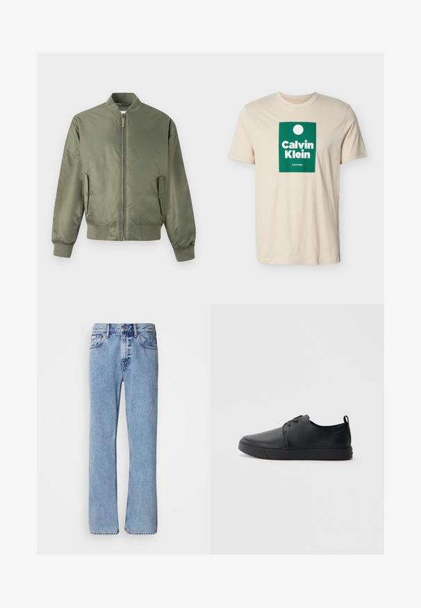 Olivgrüne Bomberjacke mit durchgehendem Reißverschluss, gerippten Bündchen und Saum, Seitentaschen und einer glatten, glänzenden Oberfläche. Minimalistisches Design.; Beige kurzärmliges T-Shirt mit grünem rechteckigem Logo, das einen weißen Kreis und den Schriftzug "Calvin Klein" in fetten weißen Buchstaben zeigt.; Hellblaue Jeans aus Denim mit geradem Bein, fünf Taschen und Knopfverschluss. Nähte in der Nähe der Taschen und des Bundes.; Schwarze Leder-Sneaker mit glatter Oberfläche, abgerundeter Zehenpartie, gleichfarbiger Nähte, schnürbarem Vorderteil und flacher Gummisohle. Schlaufe an der Ferse.