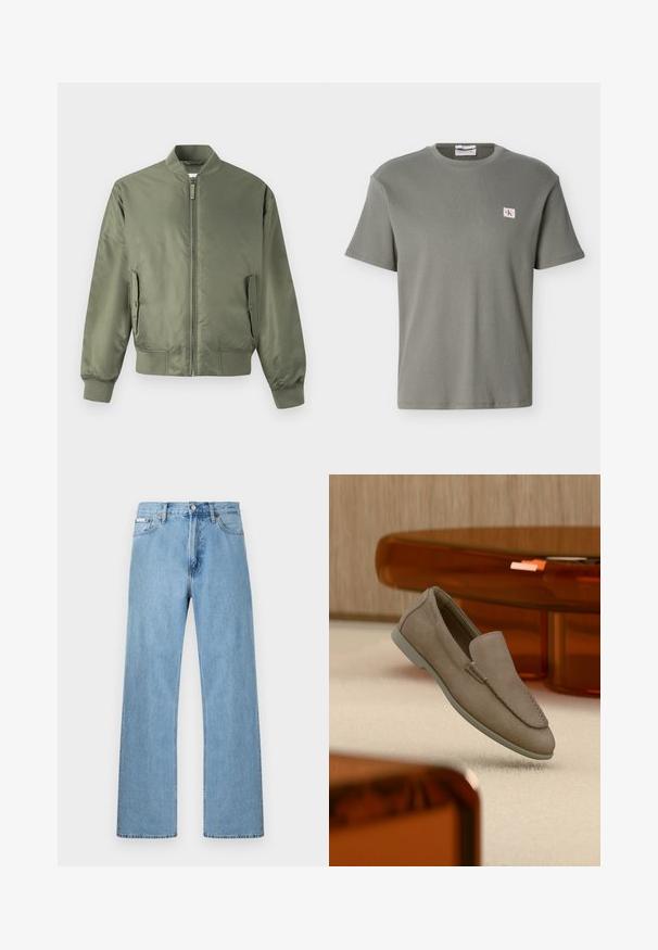 Veste pilote vert olive avec fermeture éclair à l'avant, poignets et ourlet côtelés, poches latérales et texture lisse et brillante. Design minimaliste.; T-shirt gris à manches courtes en maille gaufrée avec col rond, orné d'un petit patch avec le logo CK sur la poitrine gauche, présenté sur un fond blanc.; Jean en denim bleu clair coupe droite à cinq poches avec fermeture à boutons à la taille, présenté sur un fond uni.; Mocassin beige en daim à enfiler avec coutures visibles et semelle claire, positionné au-dessus d'un tapis crème, avec un meuble translucide orange en arrière-plan.