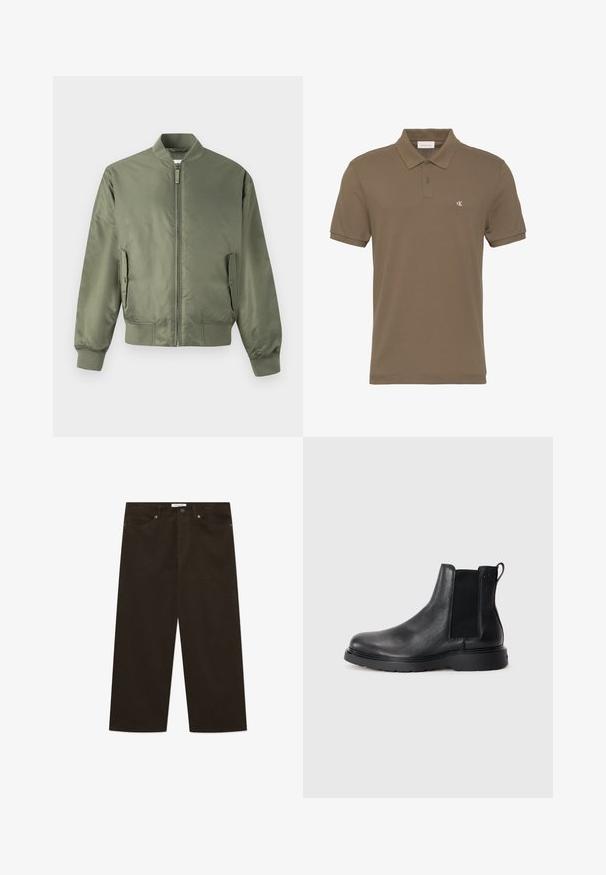 Olivgrüne Bomberjacke mit durchgehendem Reißverschluss, gerippten Bündchen und Saum, Seitentaschen und einer glatten, glänzenden Oberfläche. Minimalistisches Design.; Braunes Polo-Shirt mit kurzen Ärmeln, zwei Knöpfen und kleinem weißen "CK"-Logo auf der linken Brust.; Braune Cordhosen mit weitem Bein, vertikaler Rippstruktur, Knopfverschluss vorne und klassischen Taschen.; Schwarze Leder-Chelsea-Boots mit strukturiertem Finish, elastischen seitlichen Einsätzen und einer robusten Gummisohle. Dezentes Branding an der Ferse.