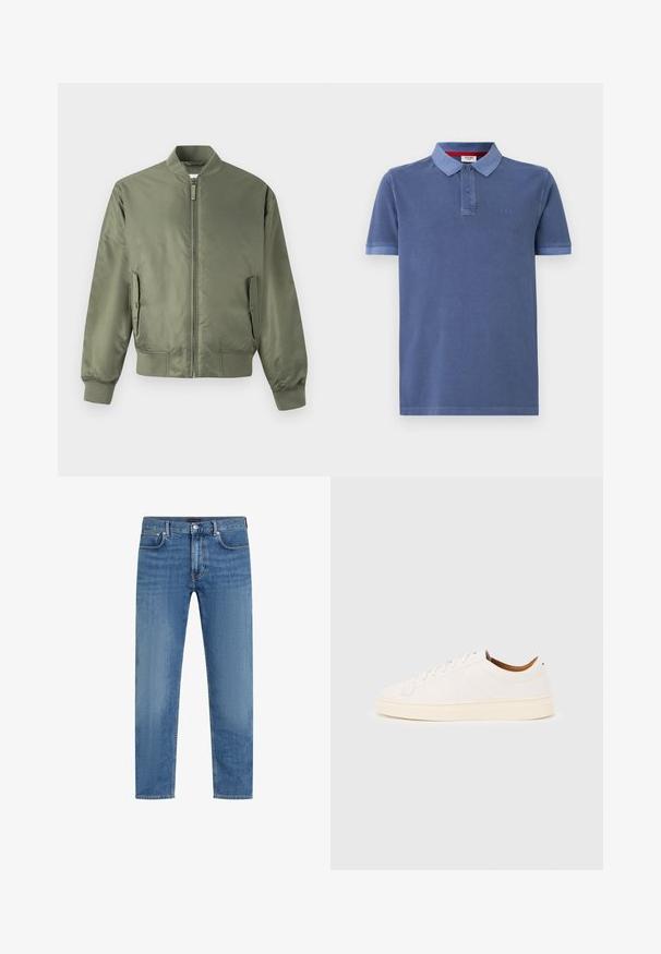 Olivengrøn bomberjakke med lynlås foran, ribkantede manchetter og kant, sidelommer og en glat, blank tekstur. Minimalistisk design.; Blå polo skjorte lavet af bomuld med korte ærmer, en krave og to knapper. Har et diskret logo på brystet og kontrastfarvet trim.; Blå straight-leg denimjeans med fem lommer, knap og lynlås lukning, og subtil falming på lårene.; Hvid lavtop-sneakers med snørelukning, minimale syningsdetaljer og en cremefarvet sål på en lysegrå baggrund.