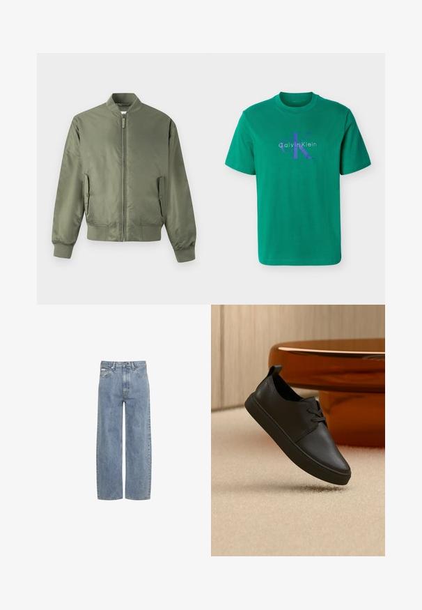 Olivengrøn bomberjakke med lynlås foran, ribkantede manchetter og kant, sidelommer og en glat, blank tekstur. Minimalistisk design.; Grøn kortærmet t-shirt med blå "cK" og hvid "Calvin Klein" logo trykt på brystet, med rund halsudskæring.; Lyseblå jeans med lige ben, foran lukning med knap og lynlås, bæltestropper og fem-lomme design.; Sort lædersneaker til hverdag med snørebånd, svævende over beige tæppe med et rundt bord af ravfarvet glas i baggrunden.