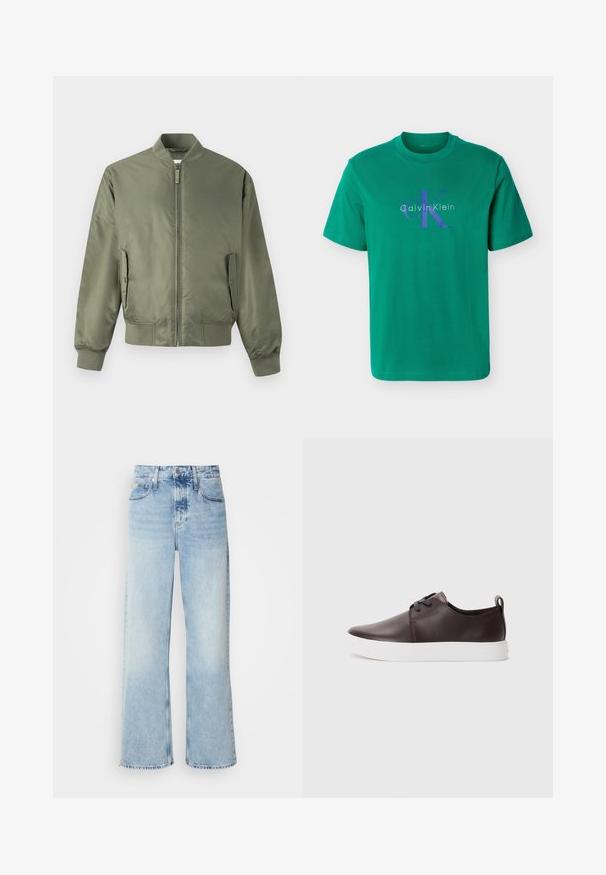 Olivgrüne Bomberjacke mit durchgehendem Reißverschluss, gerippten Bündchen und Saum, Seitentaschen und einer glatten, glänzenden Oberfläche. Minimalistisches Design.; Grünes T-Shirt mit kurzen Ärmeln, auf der Brust mit blauem "cK" und weißem "Calvin Klein"-Logo bedruckt, mit rundem Halsausschnitt.; Helle blaue weite Jeans mit hoher Taille, in verwaschenem Finish, mit Gürtelschlaufen und klassischem Fünf-Taschen-Design. Der Saum ist ungesäumt.; Braune Leder-Sneaker mit glatter Oberfläche, weißer Gummisohle, abgerundeter Zehenpartie und Schnürverschluss. Mit einer Schlaufe am Absatz.