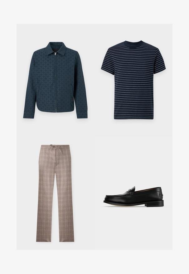 Veste zippée bleu foncé avec un motif subtil à carreaux, col, manches longues et poches avant inclinées.; T-shirt à manches courtes bleu marine avec fines rayures horizontales blanches et col rond, présenté sur un fond blanc.; Pantalon marron à carreaux à jambes droites avec taille à cordon, devant plat et motif à carreaux subtil sur fond blanc.; Mocassin homme en cuir noir avec un petit talon et une couture de style mocassin sur l'avant, vu de côté sur un fond uni.