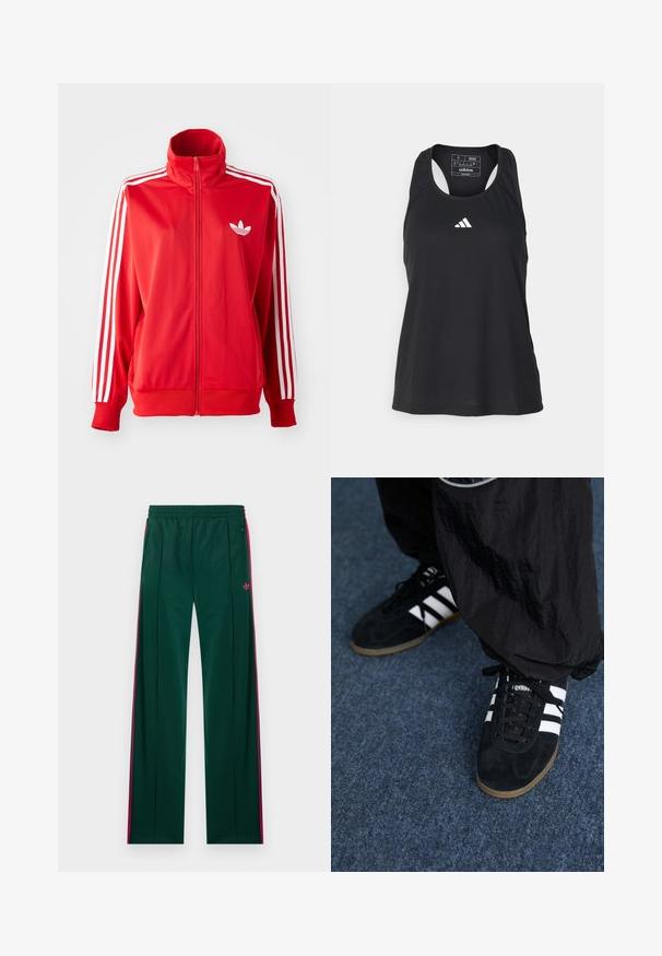 Rød zip-up træningsjakke lavet af glat stof, med hvide tre-striber på ærmerne og et lille hvidt logo på brystet.; Sort ærmeløs atletisk tanktop med rund halsudskæring og hvidt logo på brystet. Fremstillet af et glat, let materiale.; Mørkegrønne træningsbukser med lyserøde sidelister, lynlåslommer, elastisk taljebånd og lille lyserødt Adidas-logo på højre side.; Sorte suedetrainingssko med tre hvide striber og sorte snørebånd. Et tekstureret sort bukser er delvist synligt ved siden af skoene.
