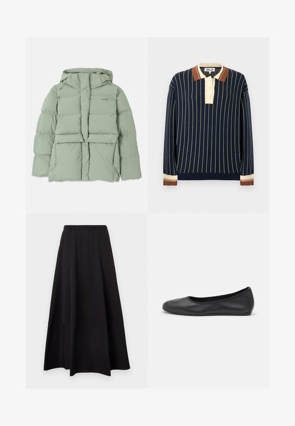 Lyst grøn pufferjakke med hætte, der har lynlås lukning, to forlommer og en quiltet design. Glat, mat overflade.; Marineblå strikket polotrøje med lodrette lysegule striber. Har en cremefarvet knapstolpe med tre knapper samt kontrasterende brun krave og manchetter.; Sort tofarvet lang nederdel med elastisk talje og udsvinget kant, vist mod en ensartet lys baggrund.; Sort læderballetsko med rund tå, glat tekstur, minimal syning og et fleksibelt såldesign.