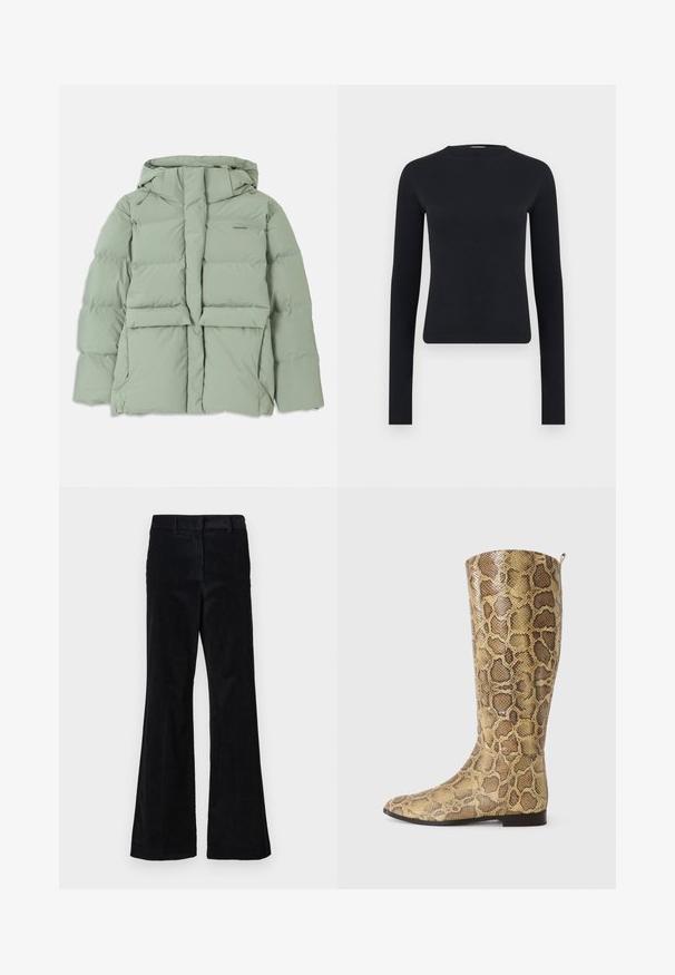 Lyst grøn pufferjakke med hætte, der har lynlås lukning, to forlommer og en quiltet design. Glat, mat overflade.; Sort langærmet tætsiddende crop-top med rund halsudskæring, lavet af ribstrikket stof, vist på ensartet lysegrå baggrund.; Sorte fløjl flared bukser med lodrette ribber, med en talje og sidelommer, designet til en afslappet pasform.; Støvler til knæene i et slangeskindsdesign med et struktureret gyldent-brunt mønster, med flad sål og en diskret strop øverst.