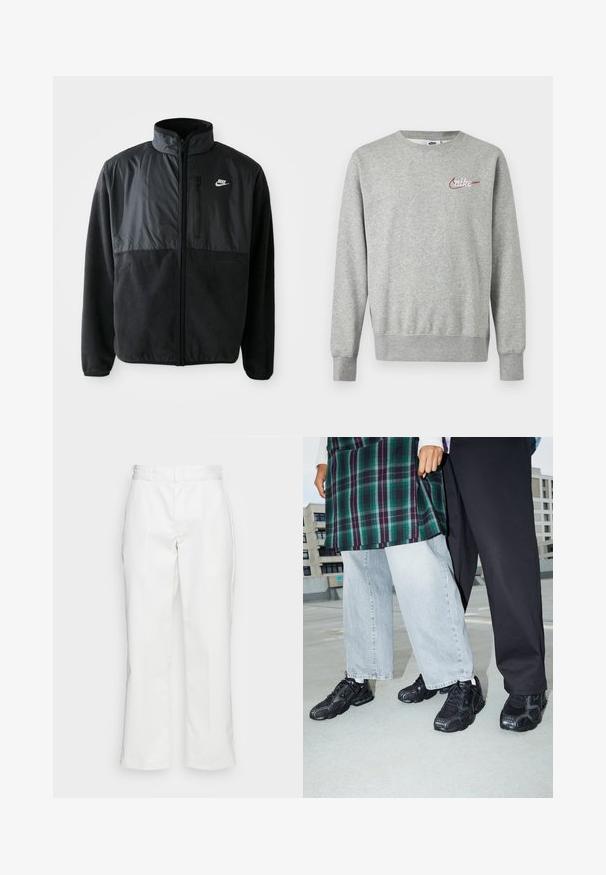 Must musta Nike fliisil jope täispikkade tõmblukkudega, kõrge kraega, tõmblukuga rinnakotiga ja kontrastse kangast paneeliga ülemisel esiküljel.; Helehall halli pikkade varrukatega pusa ümar kaelusega, vasakul rinnal väike punane ja valge Nike logo.; Valged puuvillased püksid, mis on sirge jala disainiga, vöökohal silmadega ja küljetaskutega, sileda tekstuuri ja minimaalsete detailidega.; Mustad mustad jalanõud, millel on võrkkangast ja kummist aktsendid. Kannab heledat halli laiade jalgadega teksapükse ja ruudulist rohelisest topi. Lame pind taust.
