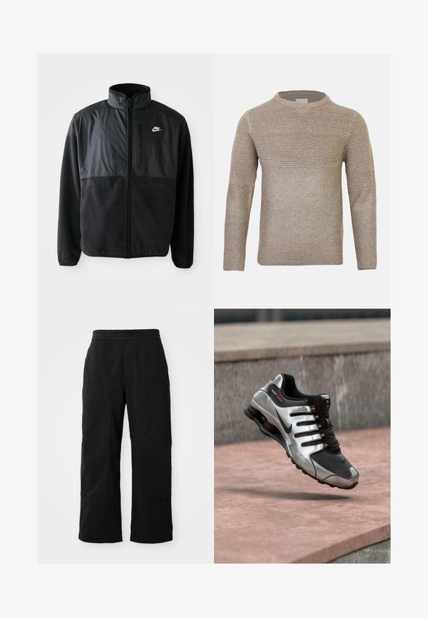 Must musta Nike fliisil jope täispikkade tõmblukkudega, kõrge kraega, tõmblukuga rinnakotiga ja kontrastse kangast paneeliga ülemisel esiküljel.; Beežist kudumiga kampsun ümmarguse kaelusega, mille ülemisel osal on tekstuuriga muster ja alumine osa on sileda viimistlusega.; Mustad puuvillased püksid, millel on elastne vöökoht, laiad sääred ja suured küljetaskud. Kanga välimus on pehme ja sile.; Hõbedased ja mustad Nike Shox tossud õhus, betoonpinna kohal, rõhutades nende vedraliku tallaga disaini.