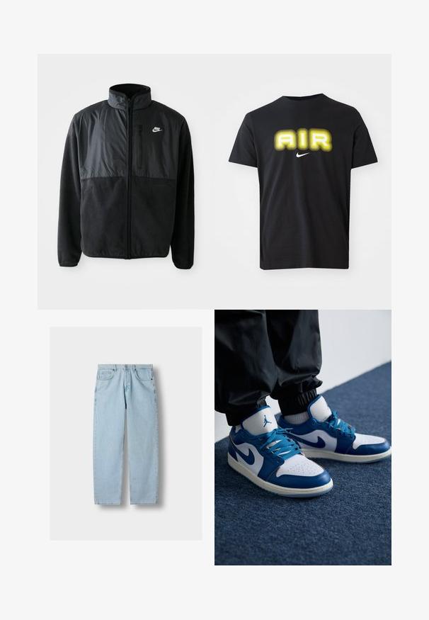 Chaqueta de forro polar negra de Nike con cremallera completa, cuello alto, bolsillo en el pecho con cremallera y panel de tela en contraste en la parte superior delantera.; Camiseta de algodón negra con un gran gráfico amarillo brillante de "AIR" en un diseño ondulado y un pequeño logo blanco de Nike debajo.; Jeans de mezclilla rectos de color azul claro con bolsillos frontales, pasadores para cinturón y cierre de botón sobre un fondo gris.; Las zapatillas Nike Air Jordan cuentan con una base de cuero blanco con acentos sintéticos azules, una caja de dedos perforada y cordones azules.