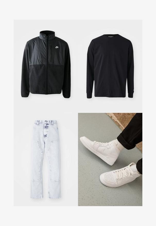 Čierna fleece bunda Nike s plným zipsom, vysokým golierom, zipsovou vreckom na hrudi a kontrastnou tkaninou na hornej prednej časti.; Čierne tričko s dlhým rukávom vyrobené z bavlny, s okrúhlym výstrihom a rovnými strihom, s malým logom na rukáve.; Svetlo modré denimové rovné nohavice s náprsními vreckami, vysokým pásom a vyblednutým vzhľadom. Obsahuje tónové švíky a voľný strih.; Biele vysoké tenisky vyrobené z hladkej kože s perforovaným špičkou, šnurovacím uzáverom a nenápadným logom na boku. Textúrovaná gumová podrážka.