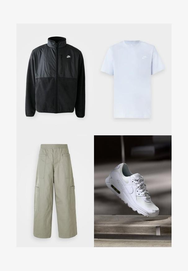 Čierna fleece bunda Nike s plným zipsom, vysokým golierom, zipsovou vreckom na hrudi a kontrastnou tkaninou na hornej prednej časti.; Svetlomodré bavlnené tričko s krátkymi rukávmi, okrúhlym výstrihom a bielym logom Nike potlačeným na ľavej hrudi. Hladká textúra, jednoduchý dizajn.; Voľné olivovozelené cargo nohavice s elastickým pásom, viacerými vreckami a hladkou textúrou. Zúženie šírky na leme.; Biele tenisky Nike Air Max 90 s vrchnou časťou z kože a sieťoviny, perforovanou špičkou a viditeľnou vzduchovou jednotkou v päte.