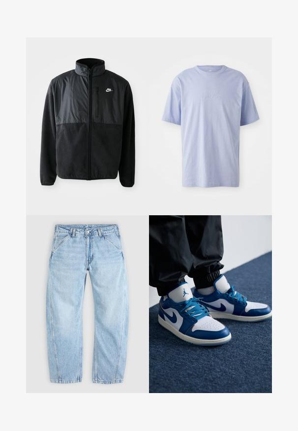 Sort Nike fleecejakke med fuld lynlås, høj krave, lynlåslomme på brystet og kontrasterende stofpanel på den øverste front.; Lysblå bomulds T-shirt med rund halsudskæring og korte ærmer. Har et præget "nike" logo i midten foran. Blød tekstur.; Lyseblå denim jeans med afslappet pasform, frontknapper og lynlås, skrå frontlommer og bæltestropper.; Nike Air Jordan sneakers har en hvid læderbase med blå syntetiske detaljer, en perforeret tåboks og blå snørebånd.