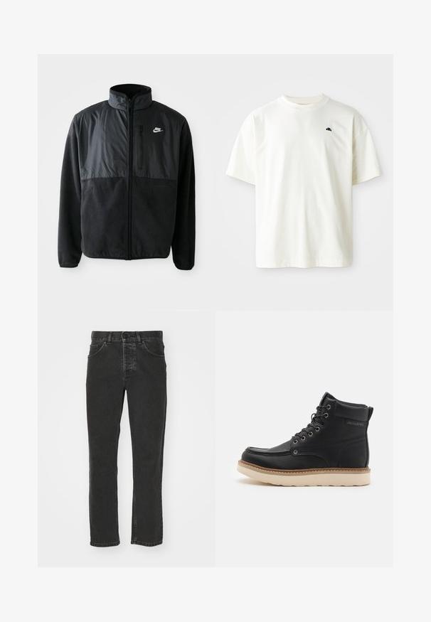 Sort Nike fleecejakke med fuld lynlås, høj krave, lynlåslomme på brystet og kontrasterende stofpanel på den øverste front.; Kortærmet T-shirt med rund hals i lys cremefarve, lavet af bomuld. Har et lille marineblå logo på venstre bryst. Glat tekstur, afslappet pasform.; Sorte denim jeans med lige ben, klassisk fem-lomme design, knaplukning i taljen og en falmet overflade. Glat tekstur, ingen synlige mønstre.; Sort læderstøvle med beige gummisål, rund tå og snøredesign. Har syninger og branding på siden.