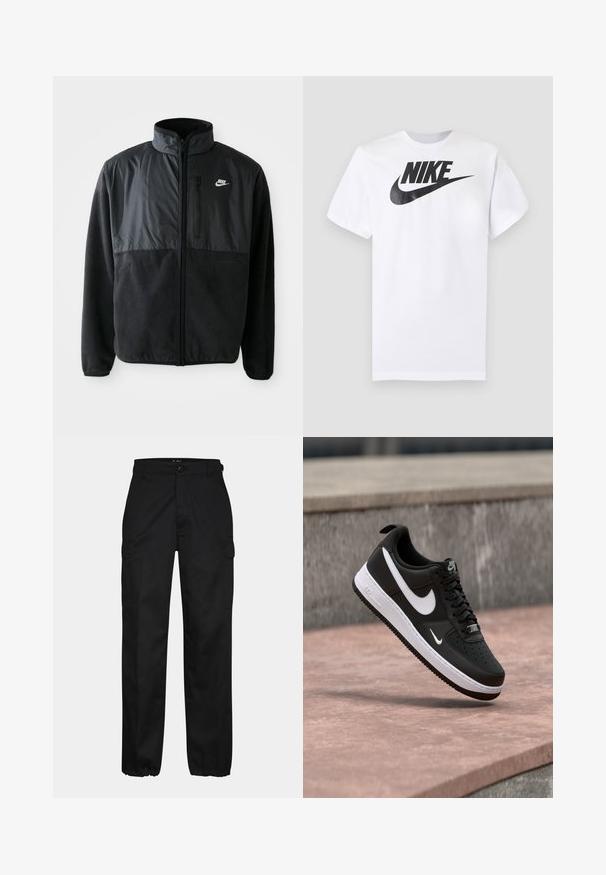 Schwarze Nike-Fleecejacke mit durchgehendem Reißverschluss, hohem Kragen, Reißverschlusstasche auf der Brust und kontrastierendem Stoffpaneel auf der oberen Vorderseite.; Weißes kurzärmeliges T-Shirt mit schwarzem Nike-Logo und Swoosh, zentriert auf der Brust, vor einfarbigem grauem Hintergrund.; Schwarze Cargo-Hosen mit geradem Schnitt, ausgestattet mit Seitentaschen, einem Knopfverschluss und elastischen Bündchen an den Knöcheln. Hergestellt aus strapazierfähigem Material.; Schwarz-weißer Nike Air Force 1 Sneaker, der über einer rosa Betonfläche mit grauem Stein-Hintergrund schwebt.