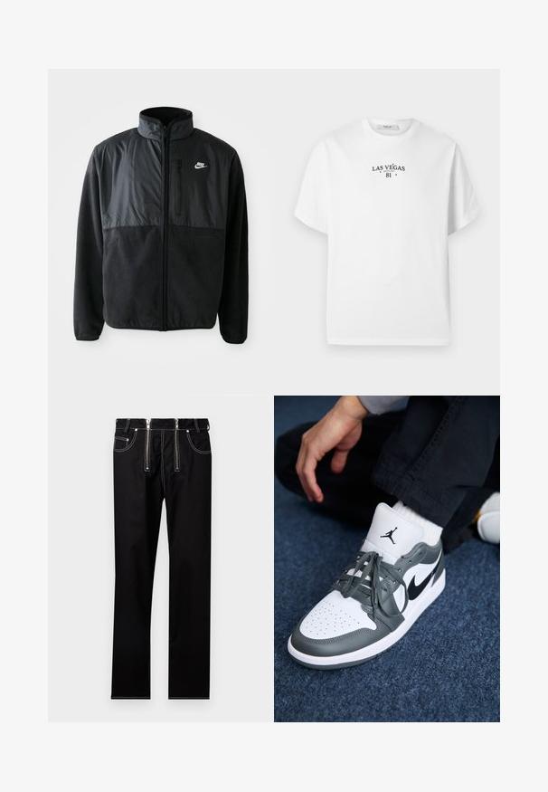 Schwarze Nike-Fleecejacke mit durchgehendem Reißverschluss, hohem Kragen, Reißverschlusstasche auf der Brust und kontrastierendem Stoffpaneel auf der oberen Vorderseite.; Weißes T-Shirt mit kurzen Ärmeln und dem schwarzen Aufdruck "Las Vegas Replay 81" auf der Brust, Rundhalsausschnitt, schlichtes Design.; Schwarze gerade geschnittene Hose mit zwei vertikalen Reißverschlüssen vorne und weißer Kontrastnaht an Taschen und Nähten.; Nike Air Jordan 1 Sneakers aus weißem und grauem Leder, mit einem schwarzen Logo, perforierter Zehenpartie und flachen grauen Schnürsenkeln.