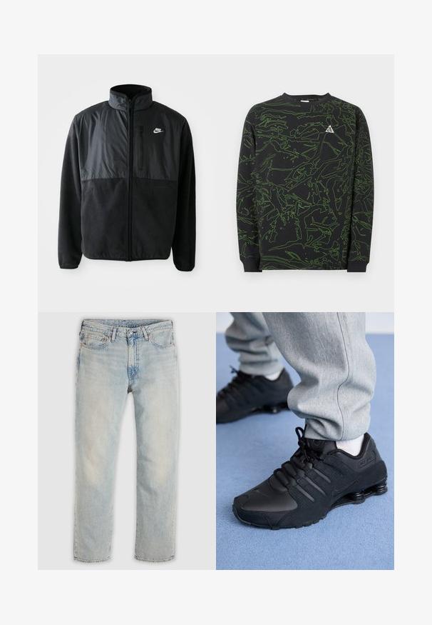 Sort Nike fleecejakke med fuld lynlås, høj krave, lynlåslomme på brystet og kontrasterende stofpanel på den øverste front.; Sort langærmet sweatshirt med grønne, abstrakte linjemønstre og et lille hvidt ACG-logo på venstre bryst.; Lyseblå, falmede jeans med lige ben, forlommer, bæltestropper samt knap- og lynlåslukning.; Person iført sorte Nike Shox sneakers og grå joggingbukser, der står på lyseblåt tæppe.