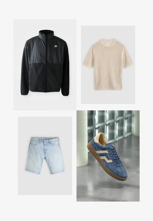 Schwarze Nike-Fleecejacke mit durchgehendem Reißverschluss, hohem Kragen, Reißverschlusstasche auf der Brust und kontrastierendem Stoffpaneel auf der oberen Vorderseite.; Beiger kurzärmeliger Strickpullover mit rundem Ausschnitt und strukturiertem offenem Strickmuster, flach auf hellem Hintergrund liegend.; Hellblaue Denim-Shorts mit vorderem Knopf, Gürtelschlaufen und fünf Taschen, flach auf einem hellgrauen Hintergrund liegend.; Blauer Wildleder-Sneaker mit beigen Streifen, brauner Sohle und Schnürsenkeln, schwebt in Innenräumen auf einem polierten Betonboden in der Nähe von Glasbausteinen.
