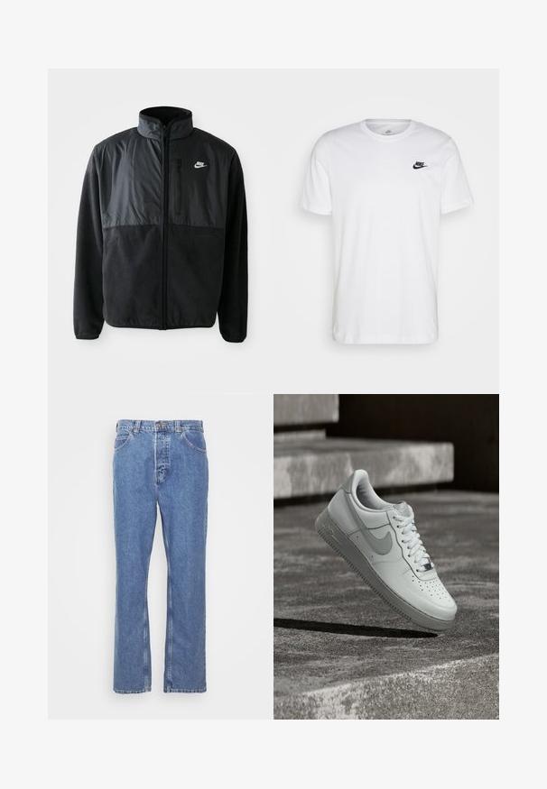 Zwarte Nike fleece jacket met volledige rits, hoge kraag, ritszak op de borst en contrasterend stoffenpaneel aan de bovenkant van de voorkant.; Witte katoenen t-shirt met ronde hals, korte mouwen en een zwart Nike-logo op de linkerkant van de borst. Eenvoudig, effen kleur ontwerp.; Blauwe denim jeans met een rechte pasvorm, vijf zakken, riemlussen en een knoopsluiting. De stof heeft een zachte, gestructureerde afwerking.; Witte Nike Air Force 1 sneaker zwevend boven een geribbelde betonnen ondergrond met stenen traptreden op de achtergrond.