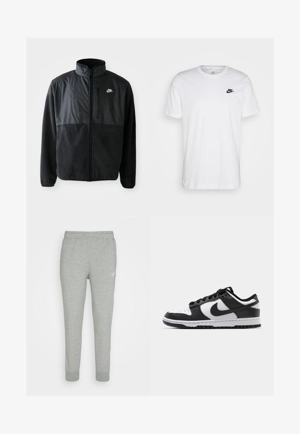 Schwarze Nike-Fleecejacke mit durchgehendem Reißverschluss, hohem Kragen, Reißverschlusstasche auf der Brust und kontrastierendem Stoffpaneel auf der oberen Vorderseite.; Weißes Baumwoll-T-Shirt mit Rundhalsausschnitt, kurzen Ärmeln und einem schwarzen Nike-Logo auf der linken Brust. Einfaches, einfarbiges Design.; Graue Sweatpants aus weichem Stoff, mit schmal zulaufendem Bein, elastischem Bund und kleinem weißen Nike-Logo am linken Oberschenkel.; Schwarze und weiße Nike Dunk Sneakers mit einem Obermaterial aus Leder, perforierter Zehenpartie, schwarzen Schnürsenkeln und einer schwarzen Gummisohle mit Profildesign.