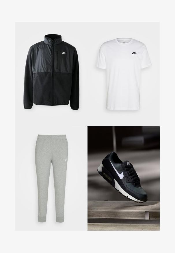 Čierna fleece bunda Nike s plným zipsom, vysokým golierom, zipsovou vreckom na hrudi a kontrastnou tkaninou na hornej prednej časti.; Biela bavlnená tričko s okrúhlym výstrihom, krátkymi rukávmi a čiernym logom Nike na ľavej hrudi. Jednoduchý, jednofarebný dizajn.; Šedé tepláky z jemnej látky s úzkym strihom, elastickým pásom a malým bielym logom Nike na ľavom stehne.; Čierno-sivá teniska Nike Air Max s bielym logom, zavesená nad betónovým povrchom na rozmazanom tmavom pozadí.
