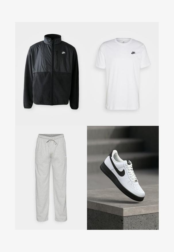 Sort Nike fleecejakke med fuld lynlås, høj krave, lynlåslomme på brystet og kontrasterende stofpanel på den øverste front.; Hvid bomulds T-shirt med rund hals, korte ærmer og et sort Nike-logo på venstre bryst. Enkel, ensfarvet design.; Lys grå sweatpants lavet af blødt stof. Har en elastisk talje med snøre og Nike-logo i sort på venstre lår.; Hvid lædersneaker med sorte detaljer, rundet tå og perforerede detaljer. Sort gummisål med tekstureret mønster og snørelukning.