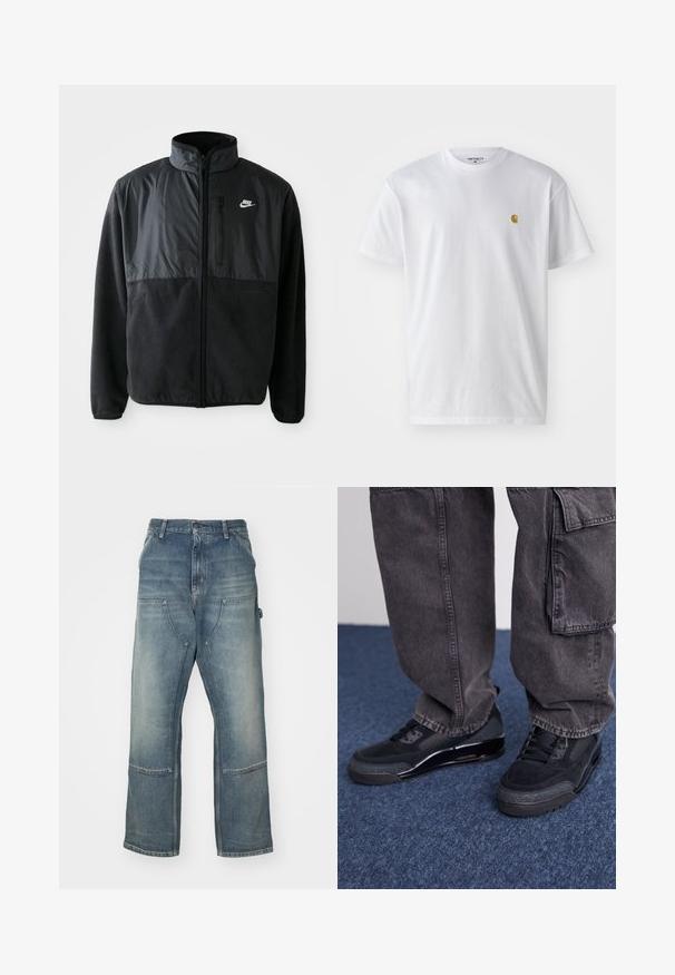 Zwarte Nike fleece jacket met volledige rits, hoge kraag, ritszak op de borst en contrasterend stoffenpaneel aan de bovenkant van de voorkant.; Witte katoenen t-shirt met korte mouwen en ronde hals, voorzien van een klein gouden logo op de linkerkant van de borst. Zachte textuur en een normale pasvorm.; Lichtblauwe jeans met een relaxte pasvorm, gemaakt van denim. Heeft wijde broekspijpen, grote voorkruiszakken en contrasterende stikdetails.; Zwarte sportieve schoenen met een gestructureerd oppervlak, gladde accenten en een chunky zool, gecombineerd met donkere, loszittende cargo pants.
