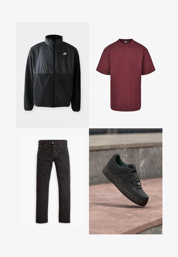 Zwarte Nike fleece jacket met volledige rits, hoge kraag, ritszak op de borst en contrasterend stoffenpaneel aan de bovenkant van de voorkant.; Bordeaux katoenen t-shirt met een ronde halslijn, korte mouwen en een rechte zoom. Glad textuur, casual pasvorm, geen patronen of accenten.; Zwarte slim-fit jeans met knoopsluiting, vijf zakken en koperen klinknagels, plat gelegd op een witte achtergrond.; Zwarte Nike Air Force 1 sneaker hangend boven een glad stenen oppervlak met een stenen muur op de achtergrond.