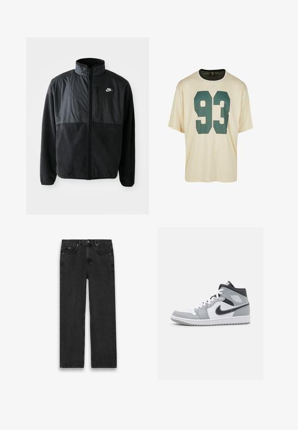Zwarte Nike fleece jacket met volledige rits, hoge kraag, ritszak op de borst en contrasterend stoffenpaneel aan de bovenkant van de voorkant.; Crèmekleurig t-shirt met korte mouwen, voorzien van een grote groene "93" graphic op de voorkant. Ronde hals met contrasterende afwerking.; Zwarte denim jeans met een rechte snit, voorzien van vijf zakken, een knoopsluiting en lichte vervaging. Gelaagd stof en minimale stikseldetails.; Mid-top sneakers van wit leer met grijze accenten, geperforeerde teen, zwarte Nike swoosh en logo op de enkel. Rubberen zool.