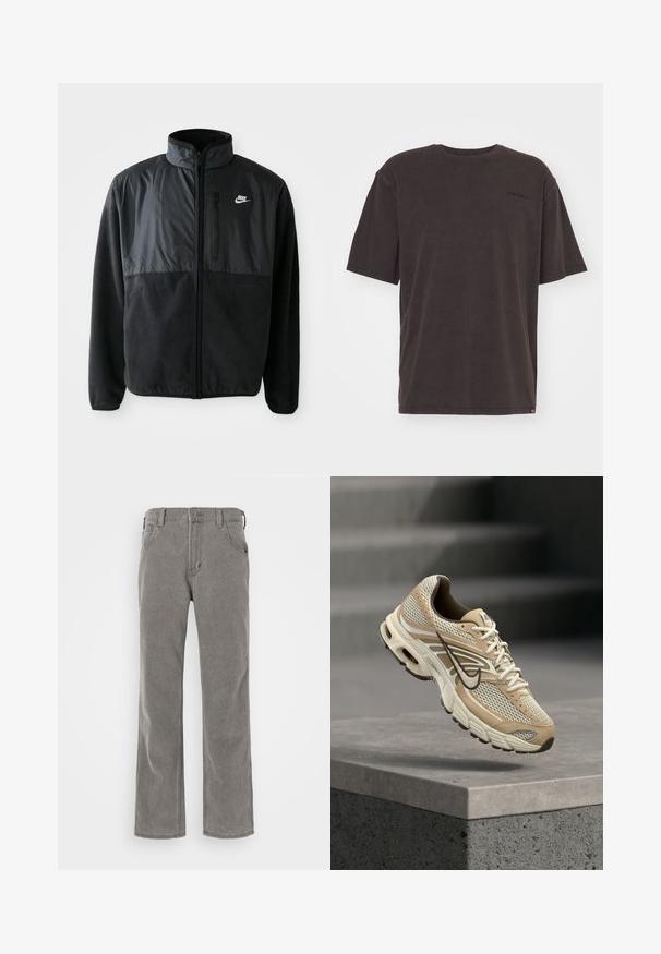 Zwarte Nike fleece jacket met volledige rits, hoge kraag, ritszak op de borst en contrasterend stoffenpaneel aan de bovenkant van de voorkant.; Donkergrijze katoenen t-shirt met een ronde hals, korte mouwen en een logodetail op de linkerbovenkant. Zachte textuur met een relaxte pasvorm.; Grijze wijduitlopende jeans gemaakt van zacht katoen-denim. Heeft vier zakken, een ritssluiting en een klassieke tailleband met riemlussen.; Beige en witte Nike hardloopschoen met mesh panelen en zwarte Swoosh, zwevend boven een betonnen richel met wazige trappen op de achtergrond.
