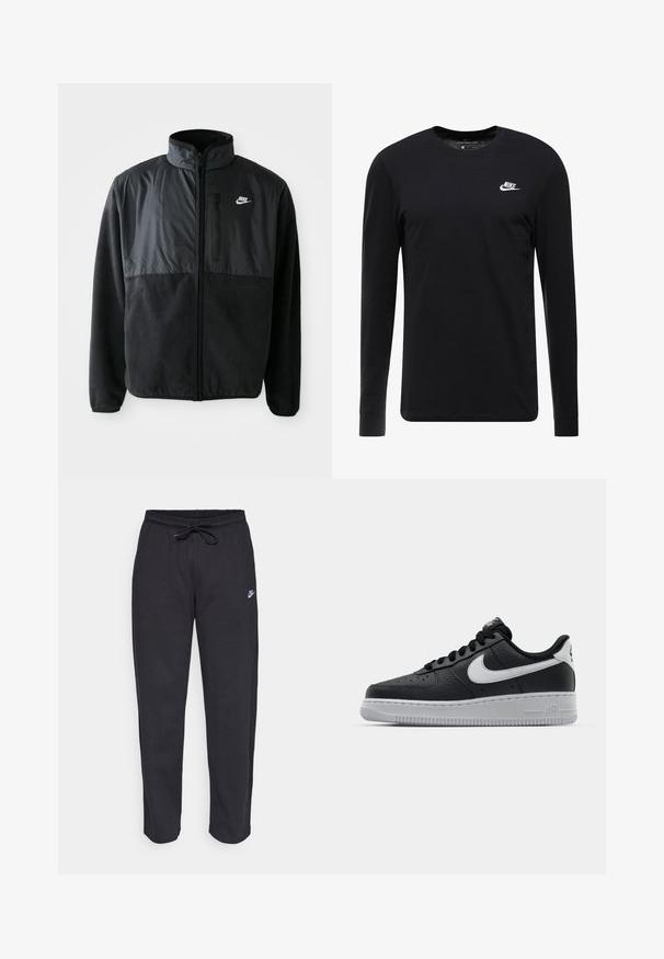 Čierna fleece bunda Nike s plným zipsom, vysokým golierom, zipsovou vreckom na hrudi a kontrastnou tkaninou na hornej prednej časti.; Čierne tričko s dlhým rukávom vyrobené z bavlny, s okrúhlym výstrihom, rebrovanými manžetami a malým bielym logom Nike na hrudi.; Čierne tepláky vyrobené z mäkkej tkaniny s elastickým pásom, sťahovacou šnúrkou a malým logom Nike na ľavom stehne.; Čierne kožené tenisky s textúrovaným povrchom, biely Nike swoosh, šedá podrážka, okrúle špičky a šnurovací dizajn. Obsahuje perforácie na špičke.