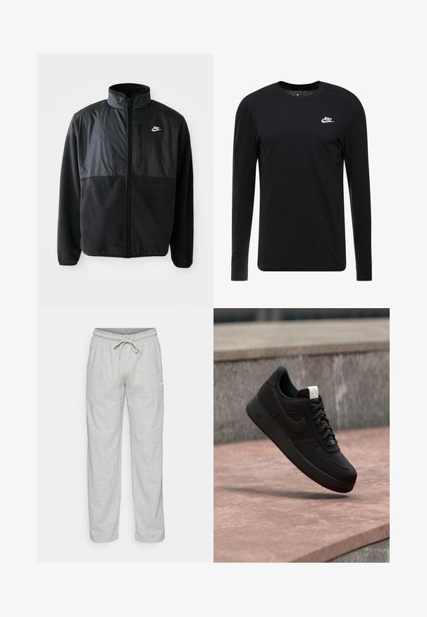Čierna fleece bunda Nike s plným zipsom, vysokým golierom, zipsovou vreckom na hrudi a kontrastnou tkaninou na hornej prednej časti.; Čierne tričko s dlhým rukávom vyrobené z bavlny, s okrúhlym výstrihom, rebrovanými manžetami a malým bielym logom Nike na hrudi.; Svetlošedé teplákové nohavice vyrobené z jemného materiálu. Obsahujú elastický pás na šnurovanie a čierne logo Nike na ľavom stehne.; Čierna teniska Nike Air Force 1 plávajúca nad ružovým betónovým okrajom so sivým kamenným pozadím, zobrazujúca bočné a horné detaily.
